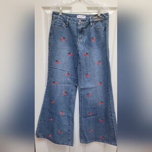 Ashley Mason Embroided Cherry Denim Baggy Wide Leg Flare Jeans Size 7/28 NWT